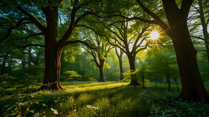 Wall Mural - enchanted forest field with glowing blooming flowers sunset sunlight, idyllic peaceful nature. amazi