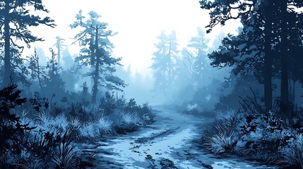 Wall Mural - Serene Blue Forest Path Mystical Watercolor Landscape.