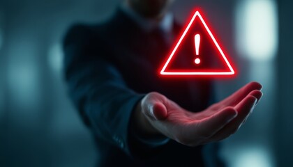 a business man presenting a warning sign symbol with care and concern