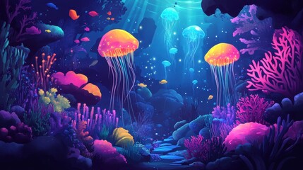 Sticker - Vibrant Jellyfish and Coral Reef Underwater Scene