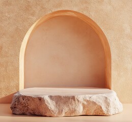 Minimalist display featuring an arched alcove and a natural stone pedestal designed for showcasing art or decor items