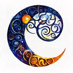 Wall Mural - Abstract Watercolor Crescent Moon with Intricate Swirls and Floral Motifs.