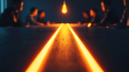 Wall Mural - A dimly lit meeting room with a long table, featuring glowing orange lights and silhouettes of people engaged in discussion.