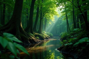 Wall Mural - Dense dark green mangrove leaves shading the forest floor, shade, dark woods