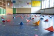 © Gsu - Paper airplanes scattered across the floor of an empty classroom, capturing a playful and creative moment in a learning environment