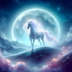 Wall Mural - a translucent, ethereal unicorn with a glowing mane, standing on a hilltop under a glowing, magical 