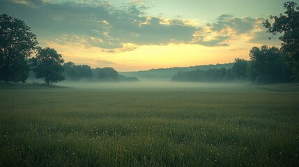 morning mist blankets a serene meadow under a colorful sunrise in a rural landscape