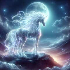 Wall Mural - A translucent, ethereal unicorn with a glowing mane, standing on a hilltop under a glowing, magical moon in a fantasy world