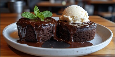 Two chocolate lava cakes with vanilla ice cream and mint.