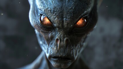 Canvas Print - close-up of an alien creature with glowing orange eyes.