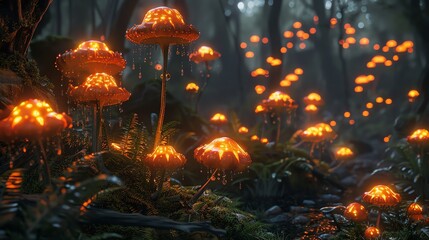 Wall Mural - A magical forest lit by glowing orange mushrooms and fireflies.