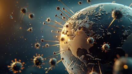Fototapete - Virus outbreak visualization global cinematic animation digital environment aerial view scientific concept for immersive experience