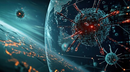 Fototapete - Cinematic virus outbreak visualization standard city digital animation sci-fi environment aerial perspective global health concept