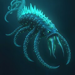 Wall Mural - A bioluminescent sea monster with glowing tentacles and scales, lurking beneath a dark ocean, with only its eerie light visible through the water