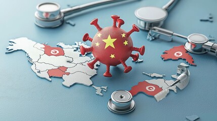 Fototapete - Visualizing pandemic impact virus particle over geopolitical map scientific illustration global health context conceptual perspective