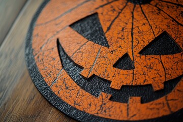 decorative halloween pumpkin with textured orange design on wood