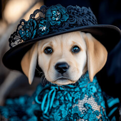 Wall Mural - Labrador puppy in blue lace and a hat 