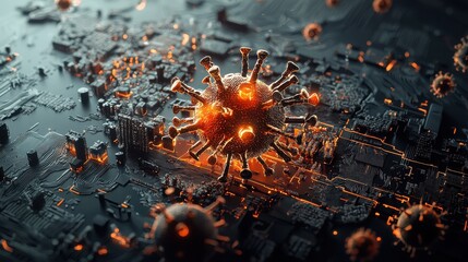 Fototapete - Global virus spread mapping dark-themed world visualization digital art cyber environment aesthetic perspective infection concept