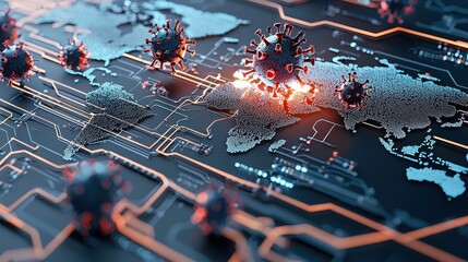 Fototapete - Digital alert for global virus warnings evolving standards virtual environment health concept