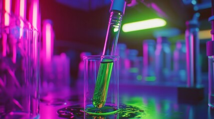 Wall Mural - green liquid pouring into a glass test tube under neon lights, featuring a futuristic scientific lab