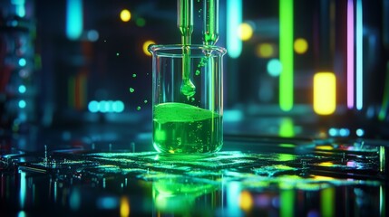 Wall Mural - green liquid pouring into a glass test tube under neon lights, featuring a futuristic scientific lab