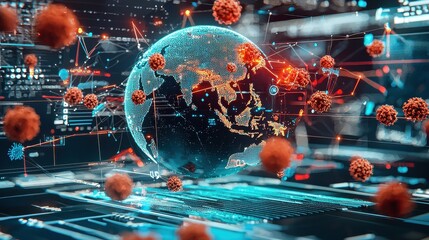 Poster - Virus outbreak simulation global perspective holographic visualization digital environment scientific analysis
