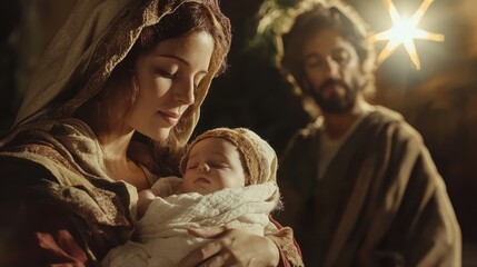 Mary Holding Baby Jesus Under Star of Bethlehem