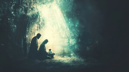 Mary and Joseph in Prayer Beside the Manger