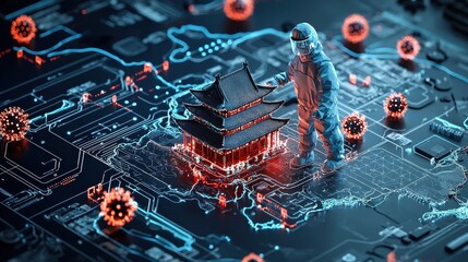 Fototapete - Virus model impacting global health above china map digital visualization scientific exploration aerial perspective pandemic concept