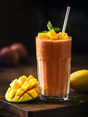 Sticker - Mango smoothie in a high glass with sliced fresh mango fruit and a straw on wooden table. Creamy tropical drink on dark background. Close up of mango drink. AI