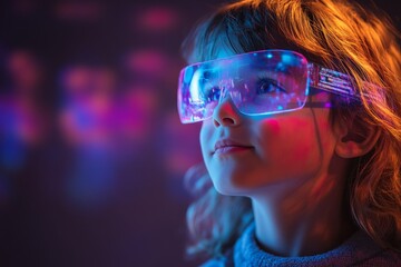 Aufkleber - Child wearing illuminated futuristic glasses in a colorful environment at a technology event