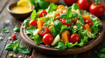 Wall Mural - A vibrant and healthy salad featuring fresh lettuce, juicy cherry tomatoes, sweet butternut squash, and a sprinkle of couscous, creating a delicious and nutritious meal