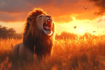 Majestic lion roaring at sunset in savanna.