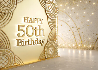 Happy 50th birthday gold greeting background. 3D Rendering	
