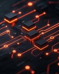 Leinwandbilder - Futuristic Cybersecurity Design Neon-lit Circuit Board with Microchips - Proactive Digital Security and Advanced Tech Solutions for Business Infrastructure