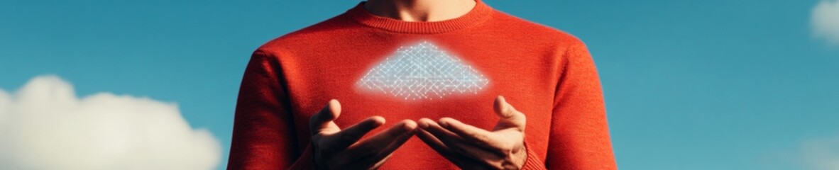 Aufkleber - Minimalistic Digital Aura Man in Orange Sweater Holding Holographic Data Network for Secure Cloud Computing - Tech Innovation in Personal Privacy and Business Data Solutions