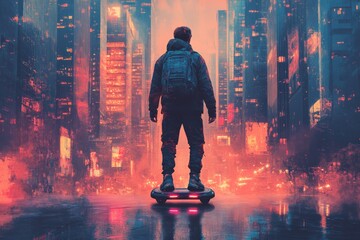 Poster - Young person riding a futuristic hoverboard through a vibrant neon city at dusk