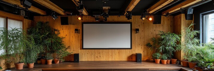 Wall Mural - Minimalist Interior Design Blank Screen Mockup on Wooden Wall, Adorned with Lush Potted Plants