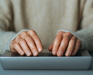 Aufkleber - Cozy Tech Engagement Knitted Sweater-Clad Hands Typing on Sleek Laptop for Virtual Networking - Digital Collaboration in Professional Spaces
