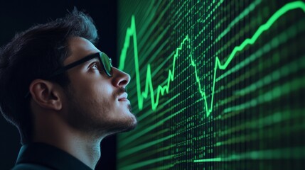 Aufkleber - Dynamic Financial Growth Display Green Line Graph on Digital Grid with Confident Man - Stock Market Strategy and Investment Visualization for Modern Business Insights
