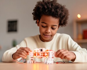 Leinwandbilder - Interactive STEM EdTech African American Youth Engaged with Robotics and Circuits on Wooden Surface - Hands-On Learning and Future Skills Development