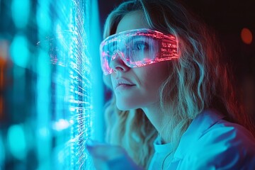 Leinwandbilder - Scientist using holographic technology for research in a futuristic laboratory at night