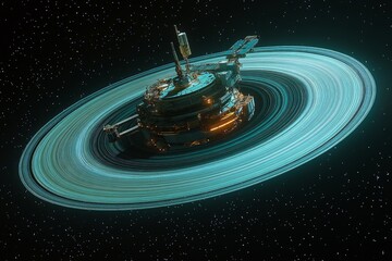 Aufkleber - Futuristic space station with glowing rings orbiting in the vastness of space