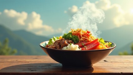 Wall Mural - Aromatic Steaming Bowl of Savory Pasta, Meat, and Rice with Fresh Herbs, Enjoyed Outdoors Against a Stunning Mountain View