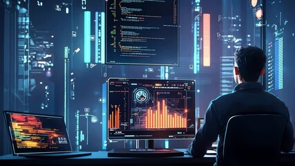 Wall Mural - a man designing a blockchain-based app in a sleek, dark-themed workspace, focus on holographic codin