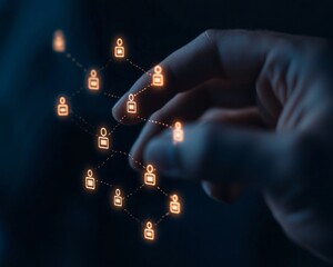 Leinwandbilder - Futuristic Digital Interface Virtual Hand Interacting with Holographic Network Nodes - Tech-Driven Remote Collaboration and Business Innovation in Enterprise Solutions
