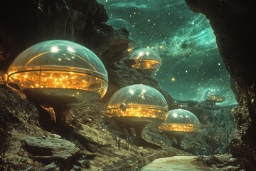 Poster - Futuristic landscape features glowing dome structures nestled among rocky terrain under a starry sky at night