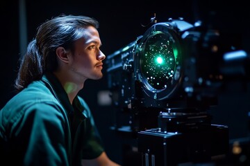 Leinwandbilder - Young scientist observes laser technology during experiment in a dark lab setting, focused on intricate details of equipment