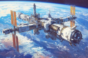 Aufkleber - Space station orbiting Earth showcasing advanced technology and solar panels in vibrant detail
