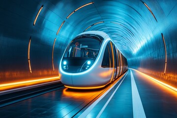 Aufkleber - Futuristic urban train arriving at an illuminated platform in a modern underground station